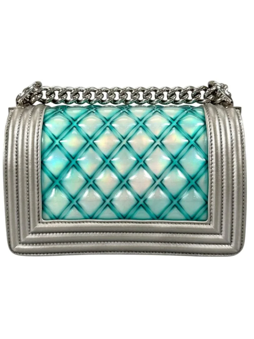 Chanel Boy Enamel Leather Lambskin Silver Light Blue Shoulder